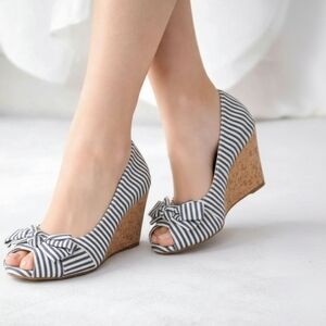 George Blue and White Striped Wedge Shoes